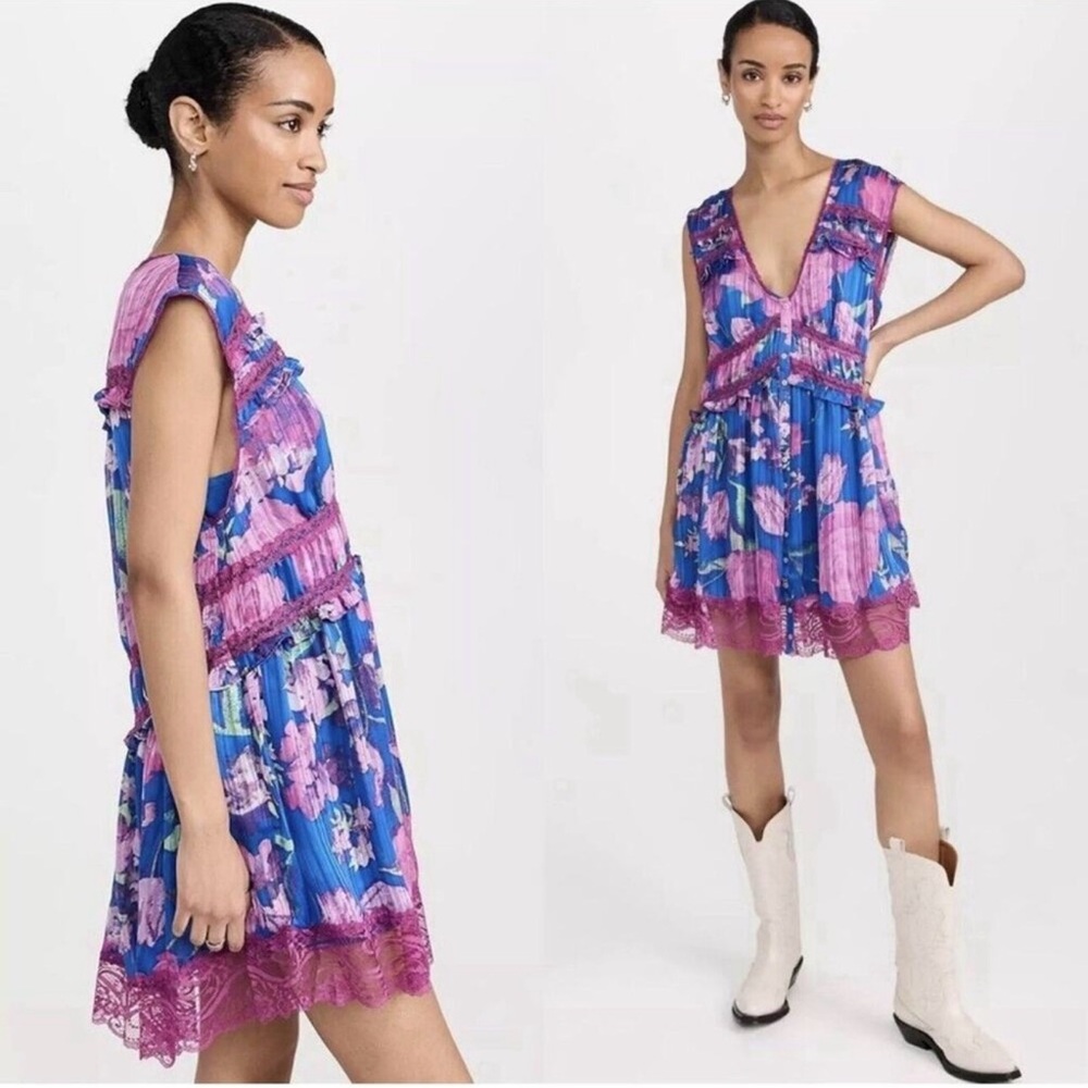FREE PEOPLE SPRING FLING MINI DRESS FLORAL ULTRA VIOLET COMBO SIZE S, EUC